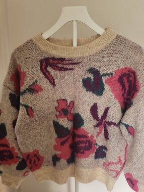 VILA Floral Crewneck Sweater in Cream with Pink & Green Motif